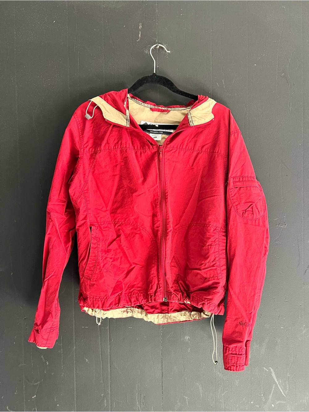 Columbia Red Hooded Bomber Jacket with Tan Lining